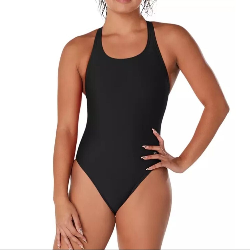 NWT Speedo Eco Solid Super ProLT Black Team Swimsuit One Piece - Size 12/38
